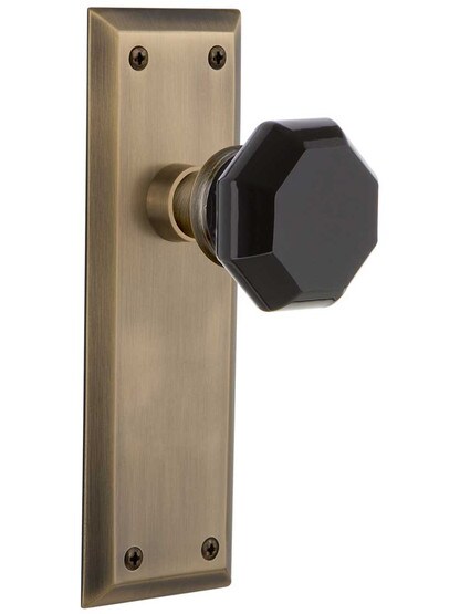 New York Door Set with Colored Waldorf Crystal Glass Knobs Black in Antique Brass.